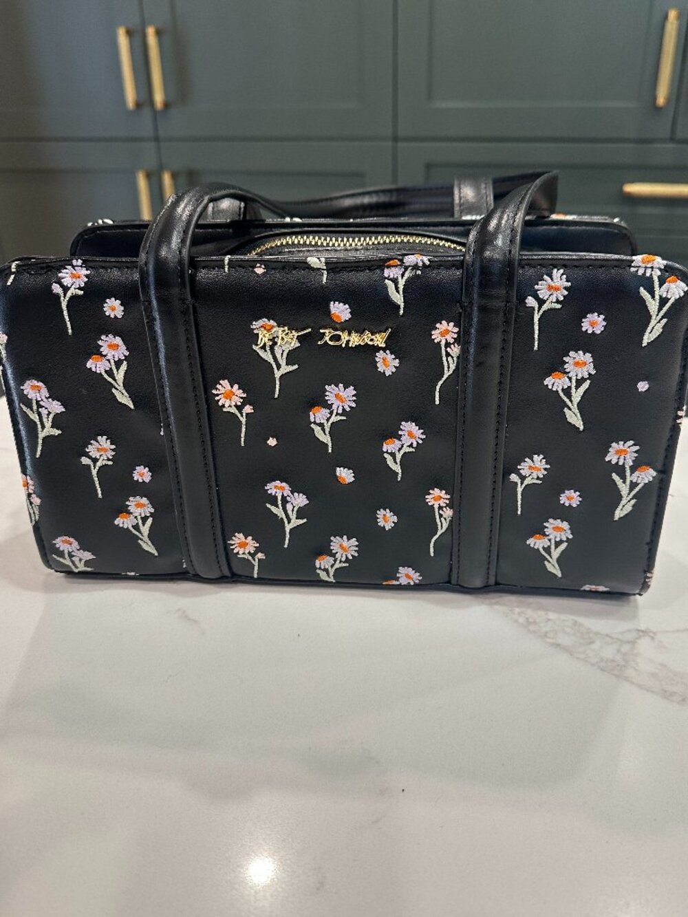 Betsey Johnson Black Floral Embroidered Satchel Shoulder Bag